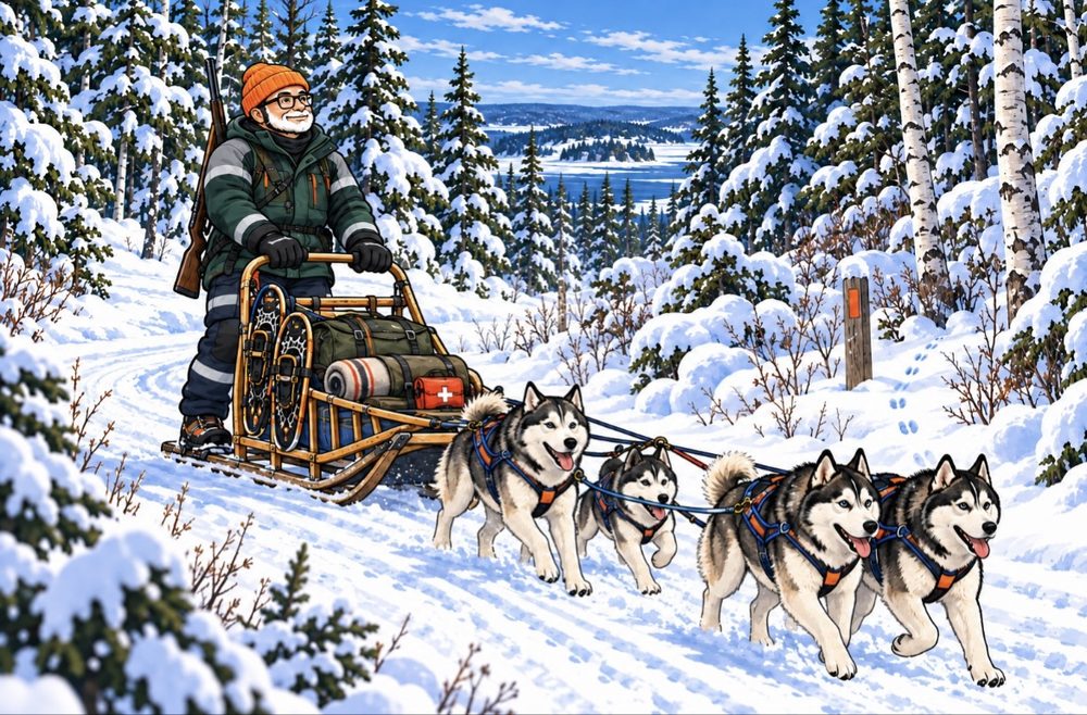 Illustration of the WildYooper mascot mushing a wooden sled pulled by four huskies on a snowy forest trail in Michigan's Upper Peninsula