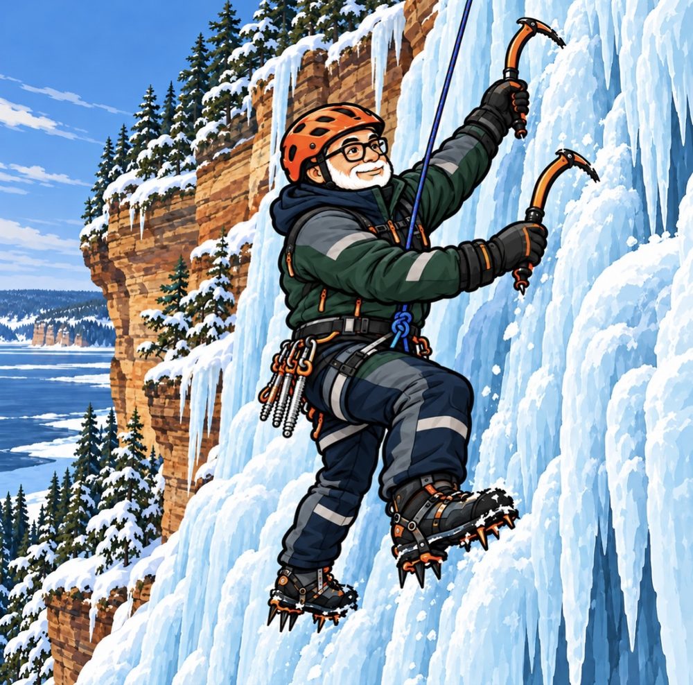 Illustration of the WildYooper mascot ice climbing a frozen waterfall curtain beside the sandstone cliffs of Pictured Rocks on Lake Superior near Munising, Michigan