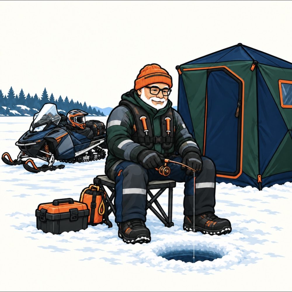 Illustration of the WildYooper mascot ice fishing beside a green and blue ice shanty, his snowmobile parked behind him on a frozen Upper Peninsula lake
