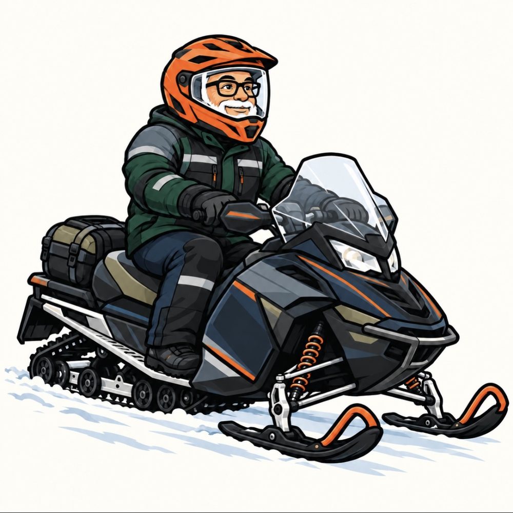 The WildYooper mascot — a smiling white-bearded rider in an orange helmet and green snowmobile suit — riding a modern snowmobile through the snow